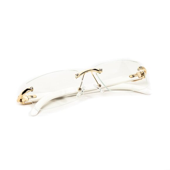 White Wood Grain Clear Lens Mens Gold Frame Rectangular Luxury Square Glasses - Picture 6 of 7